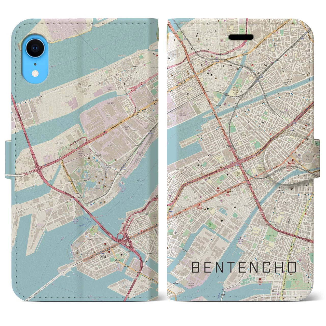 【弁天町】地図柄iPhoneケース（手帳両面タイプ・ナチュラル）iPhone XR 用