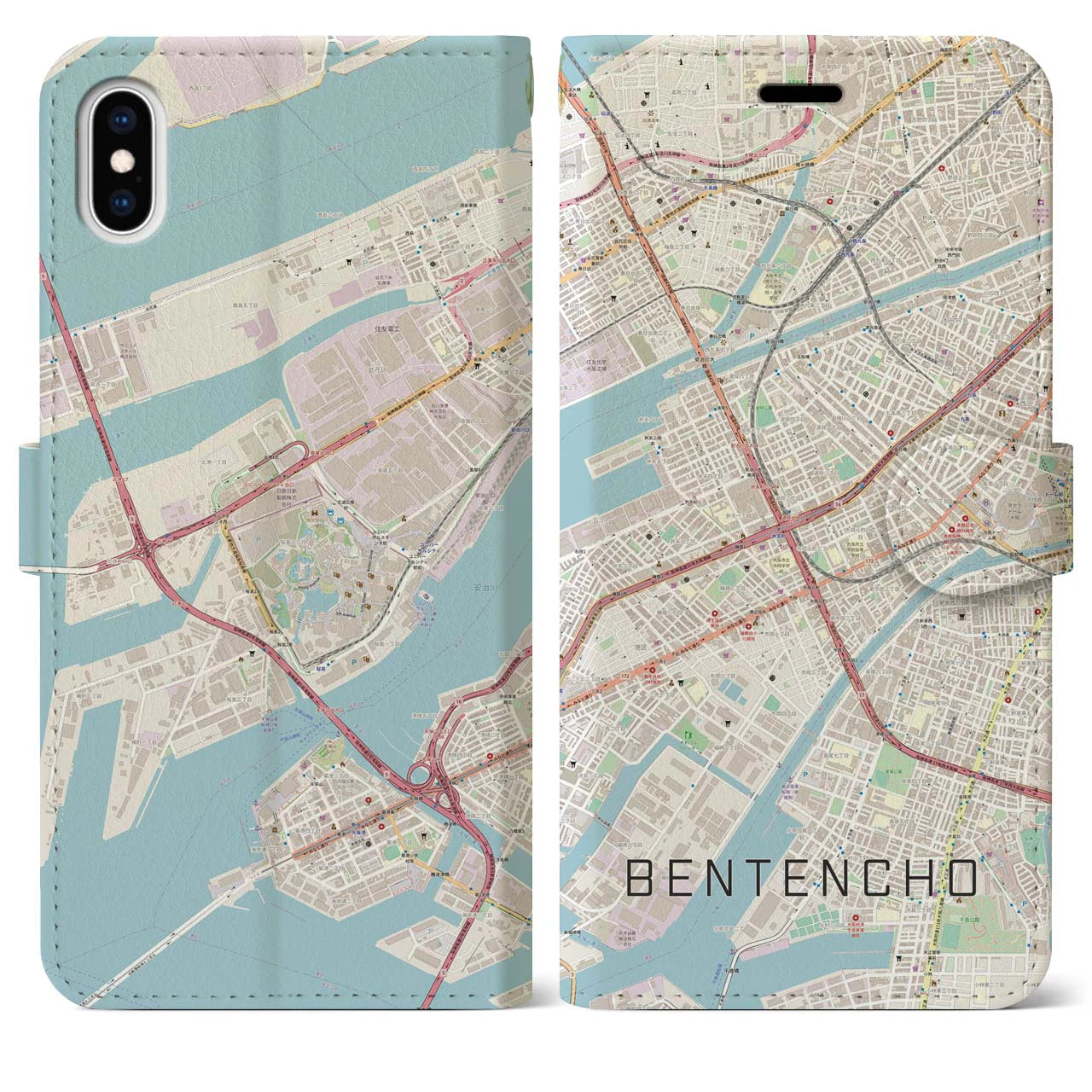 【弁天町】地図柄iPhoneケース（手帳両面タイプ・ナチュラル）iPhone XS Max 用