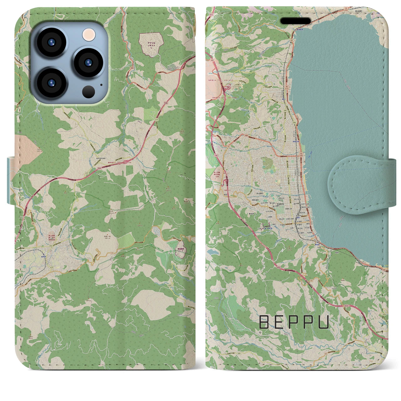 【別府】地図柄iPhoneケース（手帳両面タイプ・ナチュラル）iPhone 13 Pro Max 用