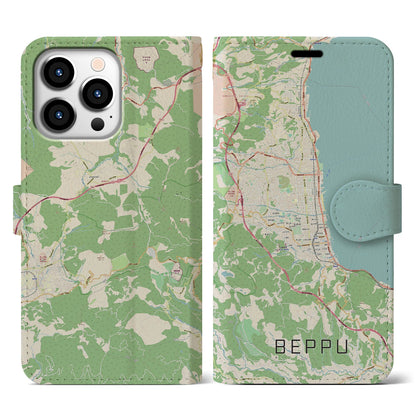 【別府（大分県）】地図柄iPhoneケース（手帳タイプ）ナチュラル・iPhone 13 Pro 用