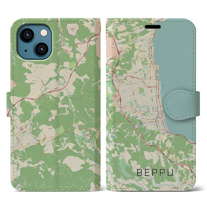 【別府（大分県）】地図柄iPhoneケース（手帳タイプ）ナチュラル・iPhone 13 用