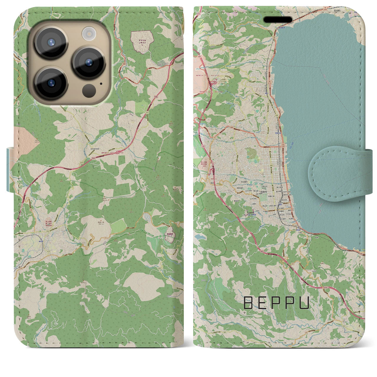 【別府】地図柄iPhoneケース（手帳両面タイプ・ナチュラル）iPhone 14 Pro Max 用