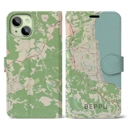 【別府（大分県）】地図柄iPhoneケース（手帳タイプ）ナチュラル・iPhone 15 用