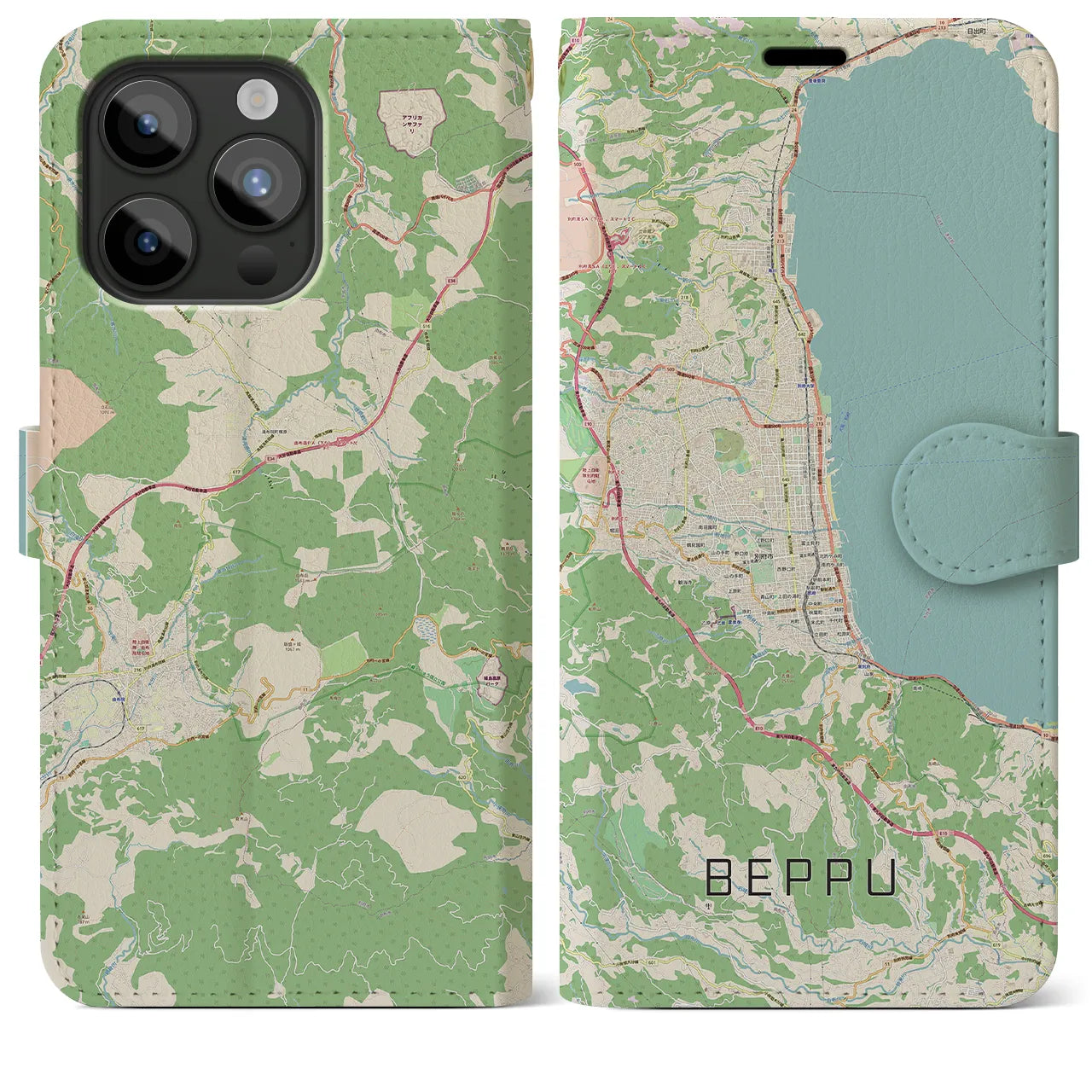 【別府】地図柄iPhoneケース（手帳両面タイプ・ナチュラル）iPhone 15 Pro Max 用