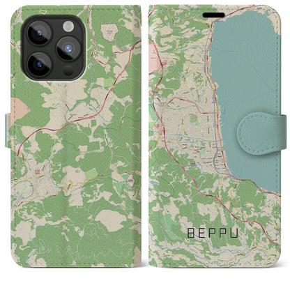 【別府（大分県）】地図柄iPhoneケース（手帳タイプ）ナチュラル・iPhone 15 Pro Max 用