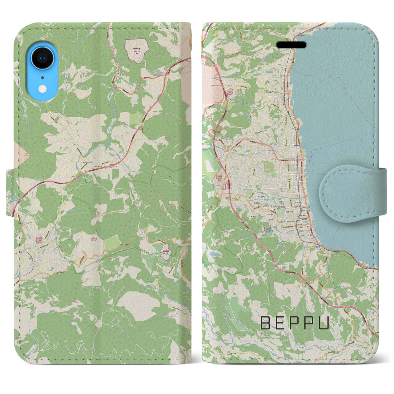 【別府】地図柄iPhoneケース（手帳両面タイプ・ナチュラル）iPhone XR 用