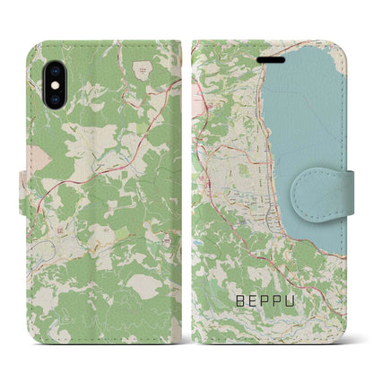 【別府（大分県）】地図柄iPhoneケース（手帳タイプ）ナチュラル・iPhone XS / X 用