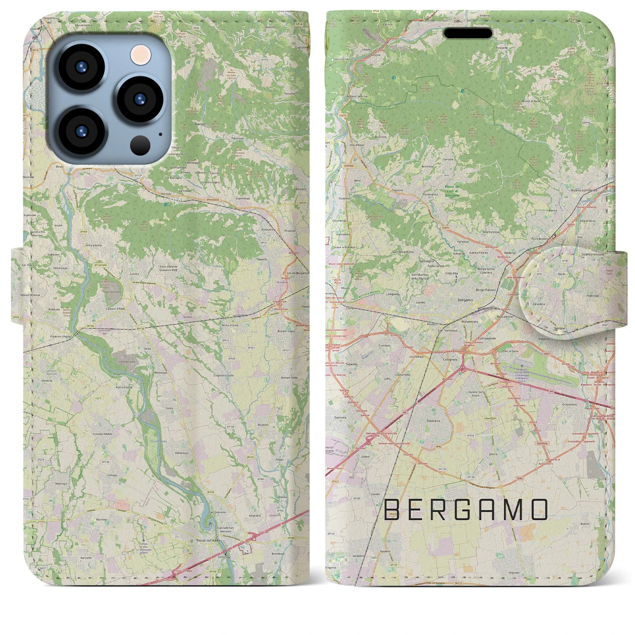 【ベルガモ】地図柄iPhoneケース（手帳両面タイプ・ナチュラル）iPhone 13 Pro Max 用