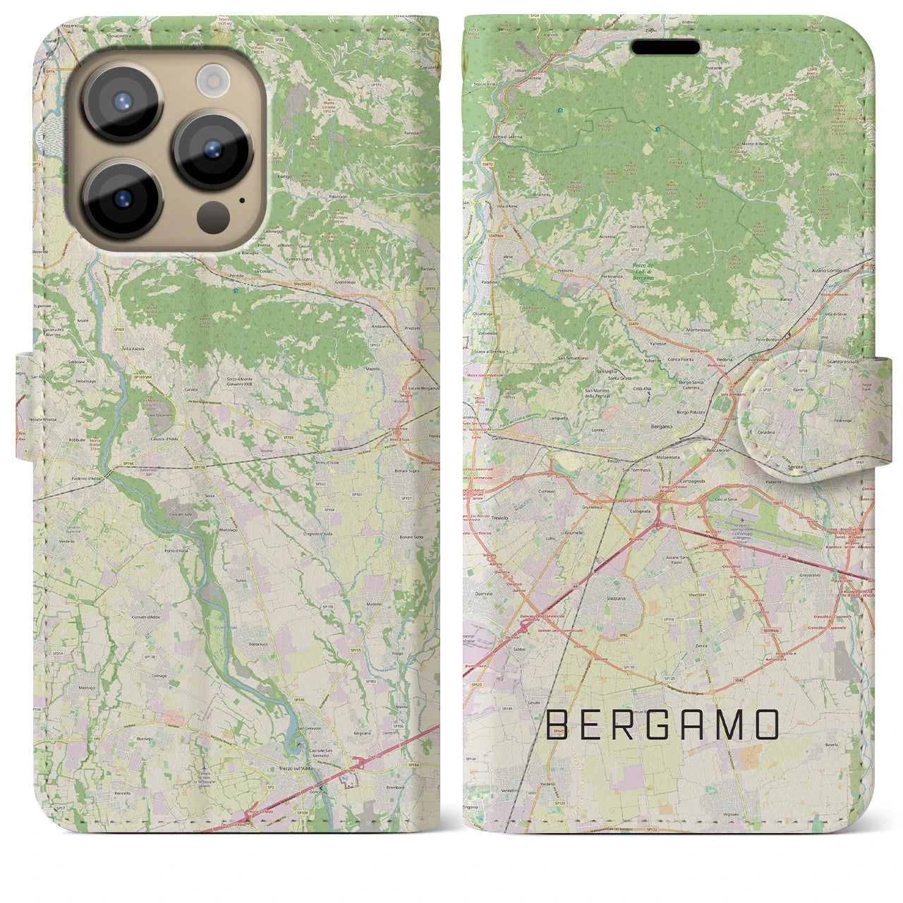 【ベルガモ】地図柄iPhoneケース（手帳両面タイプ・ナチュラル）iPhone 14 Pro Max 用