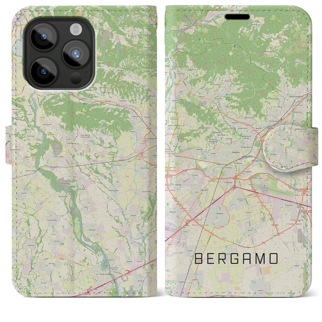 【ベルガモ】地図柄iPhoneケース（手帳両面タイプ・ナチュラル）iPhone 15 Pro Max 用
