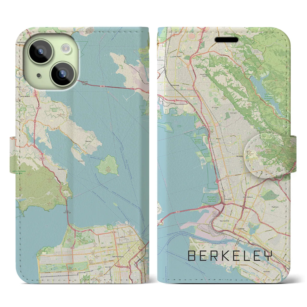 【バークレー】地図柄iPhoneケース（手帳両面タイプ・ナチュラル）iPhone 15 用