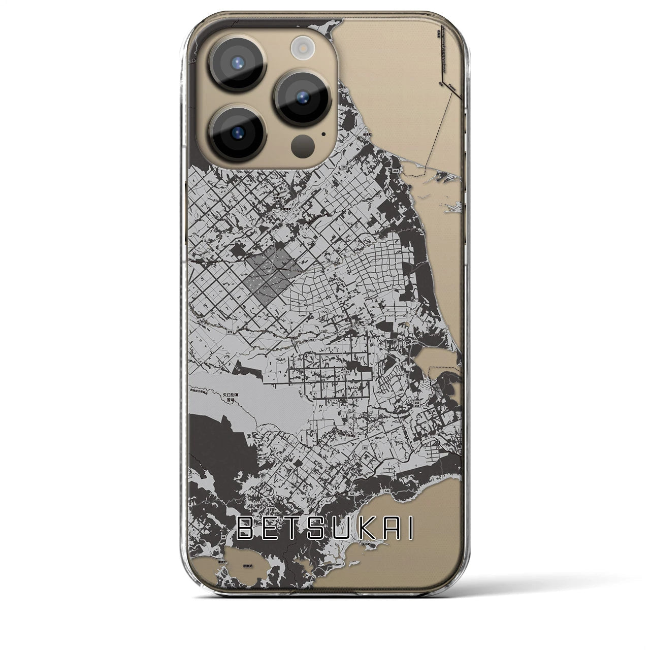 【別海】地図柄iPhoneケース（クリアタイプ・モノトーン）iPhone 14 Pro Max 用