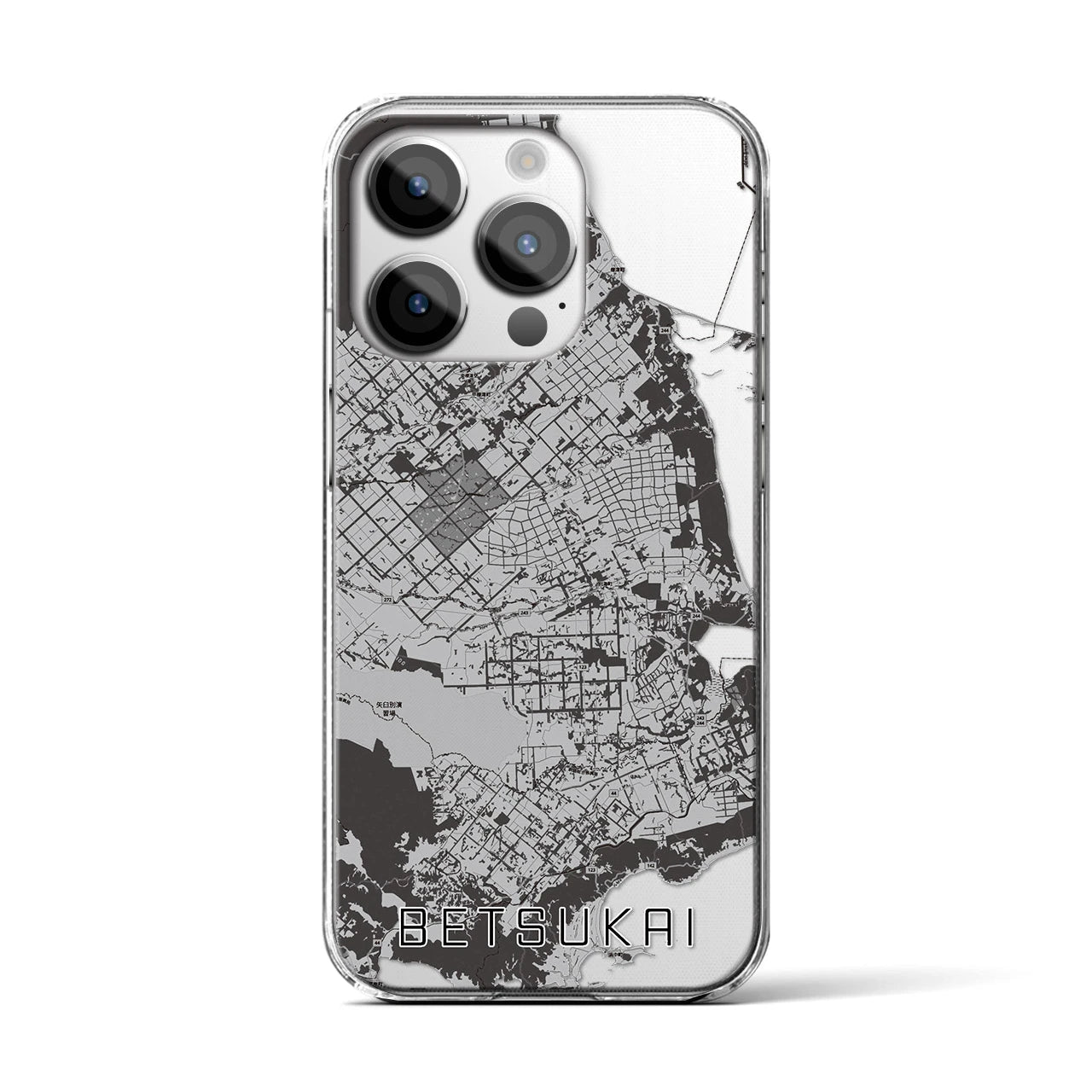 【別海】地図柄iPhoneケース（クリアタイプ・モノトーン）iPhone 14 Pro 用