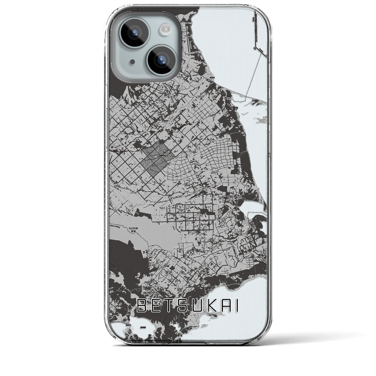 【別海】地図柄iPhoneケース（クリアタイプ・モノトーン）iPhone 15 Plus 用