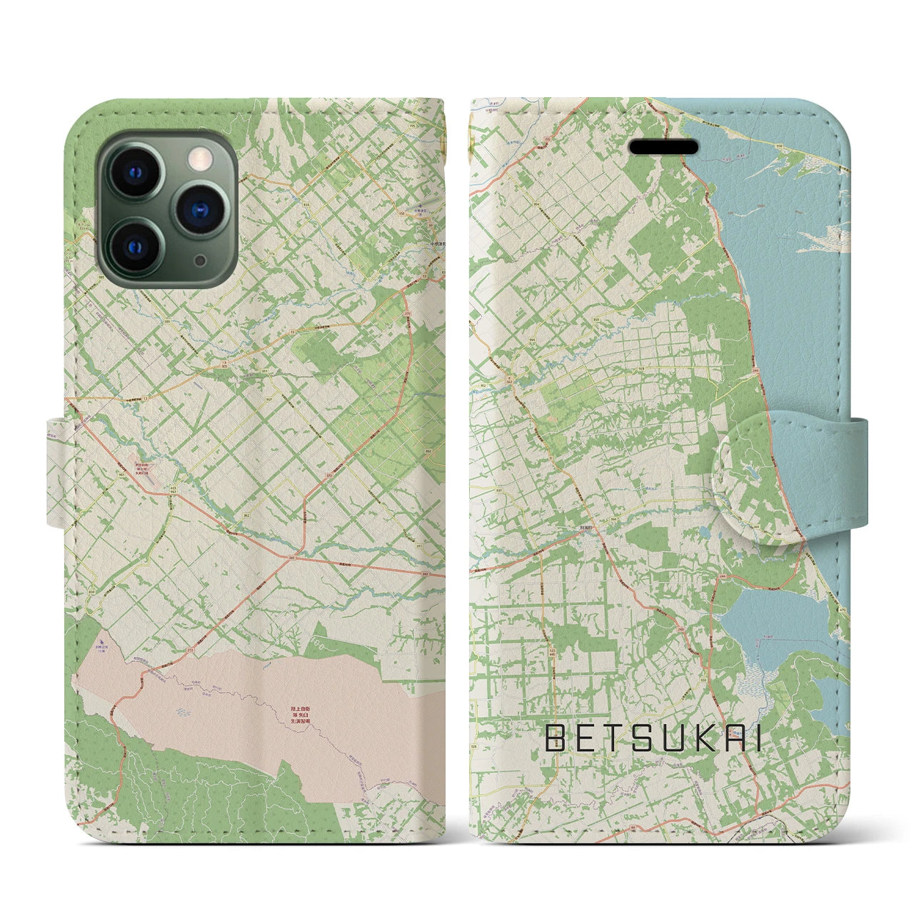 【別海】地図柄iPhoneケース（手帳両面タイプ・ナチュラル）iPhone 11 Pro 用