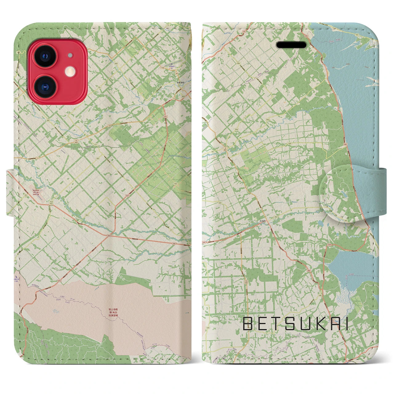 【別海】地図柄iPhoneケース（手帳両面タイプ・ナチュラル）iPhone 11 用