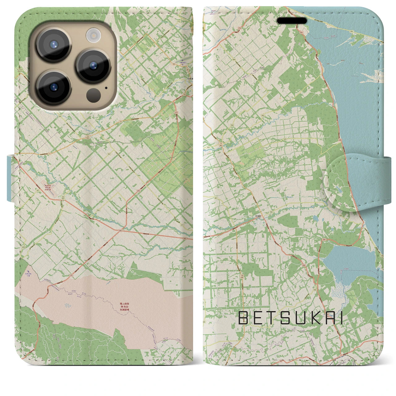 【別海】地図柄iPhoneケース（手帳両面タイプ・ナチュラル）iPhone 14 Pro Max 用