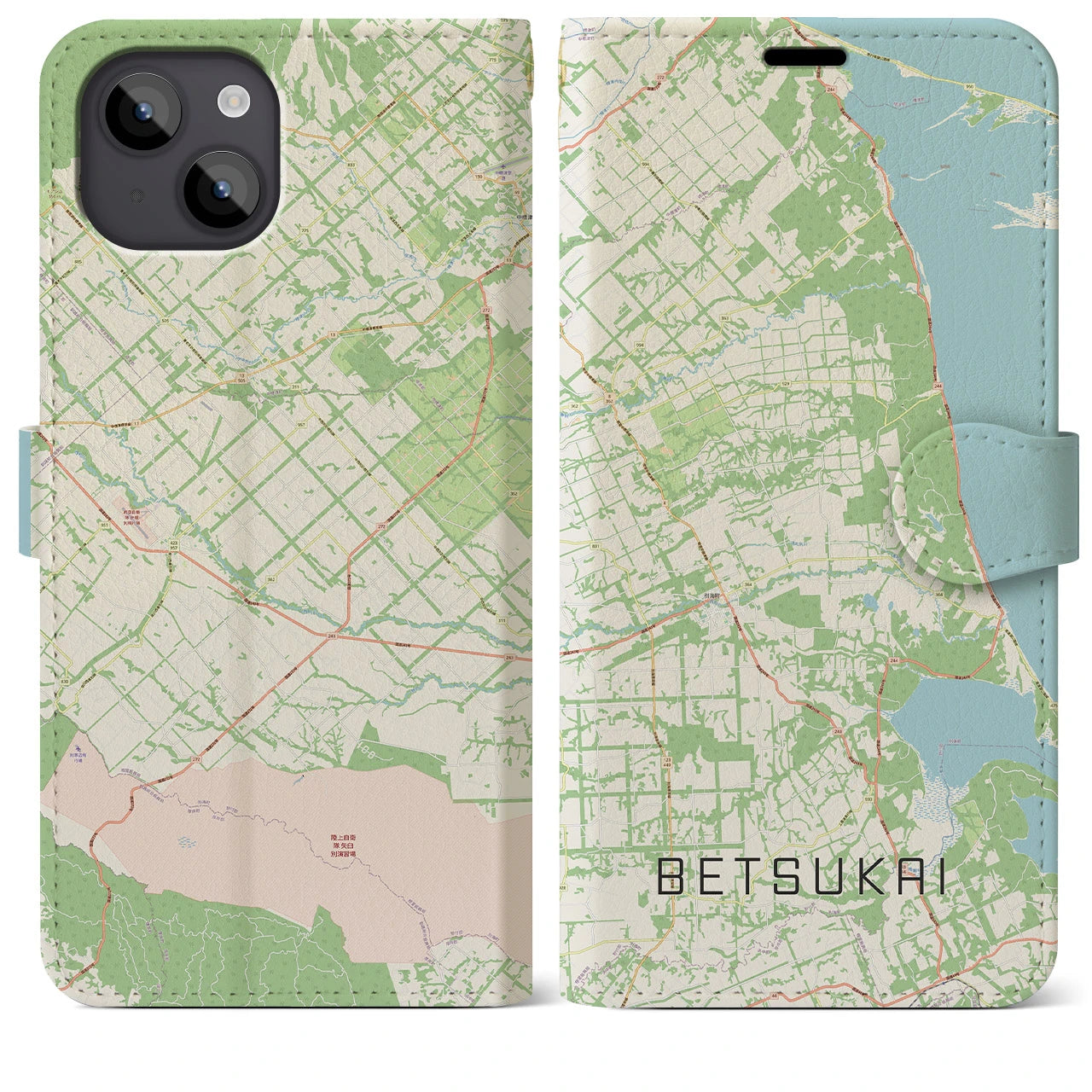 【別海】地図柄iPhoneケース（手帳両面タイプ・ナチュラル）iPhone 14 Plus 用
