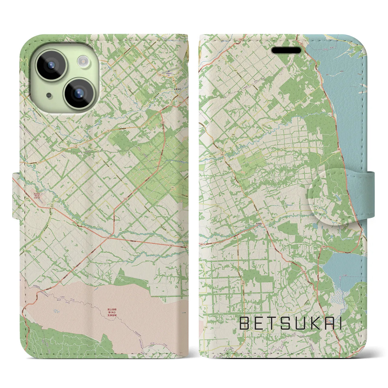 【別海】地図柄iPhoneケース（手帳両面タイプ・ナチュラル）iPhone 15 用