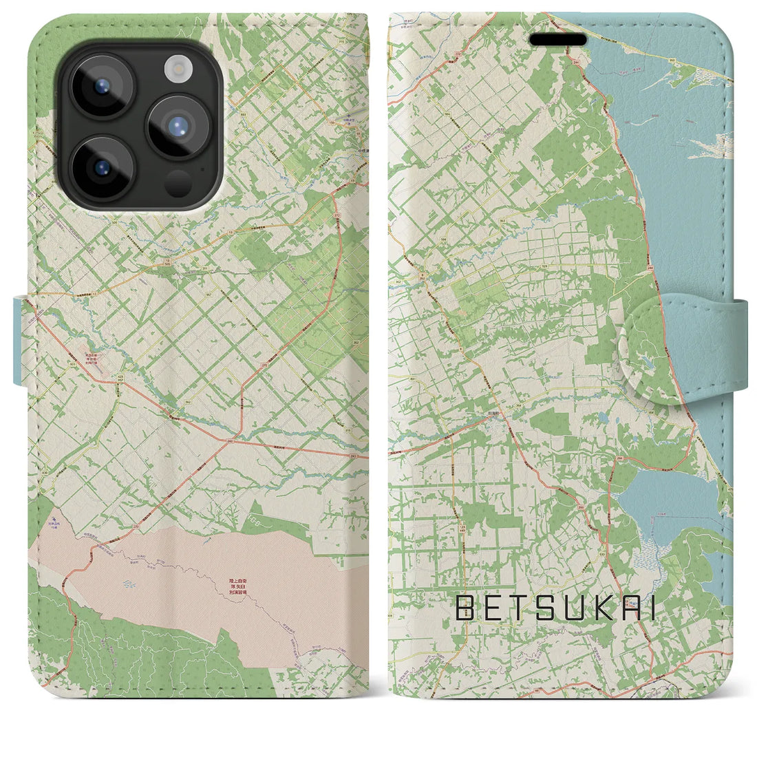 【別海】地図柄iPhoneケース（手帳両面タイプ・ナチュラル）iPhone 15 Pro Max 用