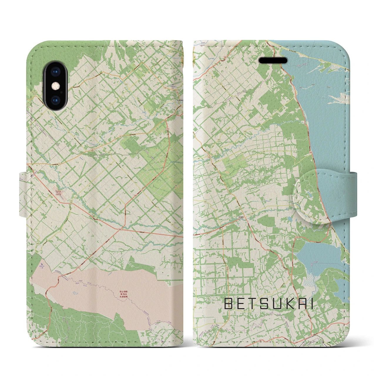 【別海】地図柄iPhoneケース（手帳両面タイプ・ナチュラル）iPhone XS / X 用