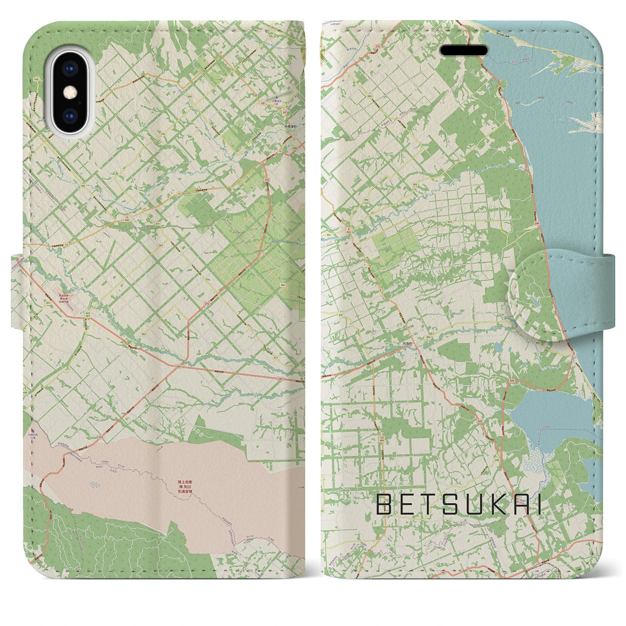 【別海】地図柄iPhoneケース（手帳両面タイプ・ナチュラル）iPhone XS Max 用