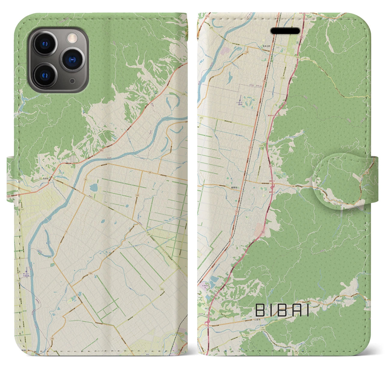 【美唄】地図柄iPhoneケース（手帳両面タイプ・ナチュラル）iPhone 11 Pro Max 用