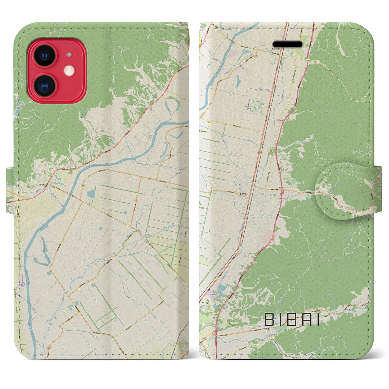 【美唄】地図柄iPhoneケース（手帳両面タイプ・ナチュラル）iPhone 11 用