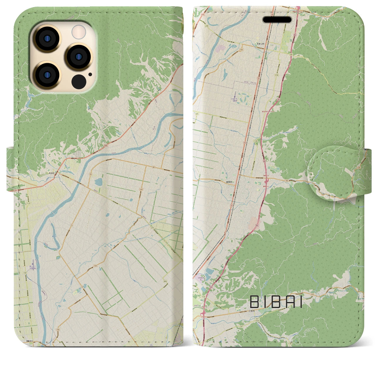 【美唄】地図柄iPhoneケース（手帳両面タイプ・ナチュラル）iPhone 12 Pro Max 用