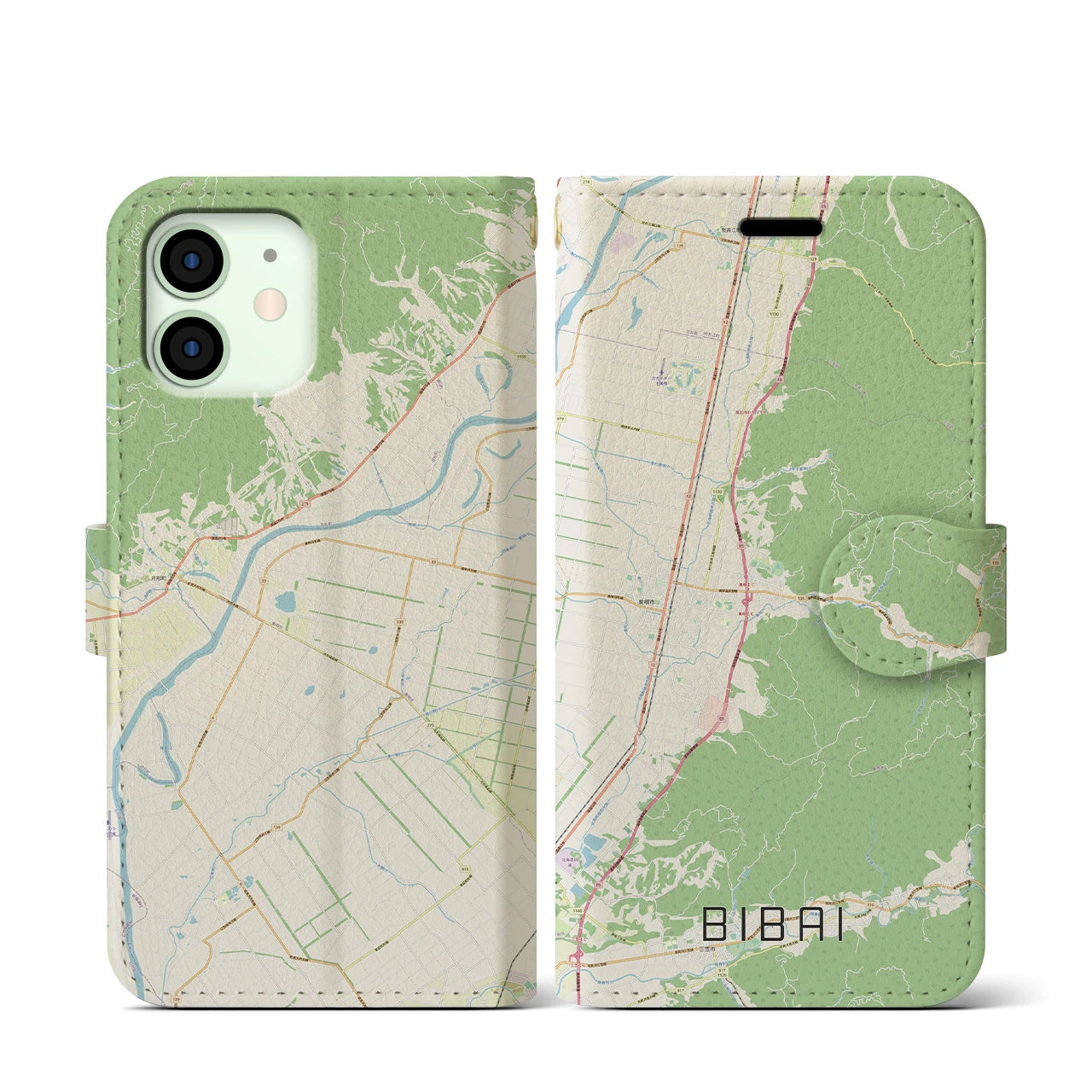 【美唄】地図柄iPhoneケース（手帳両面タイプ・ナチュラル）iPhone 12 mini 用