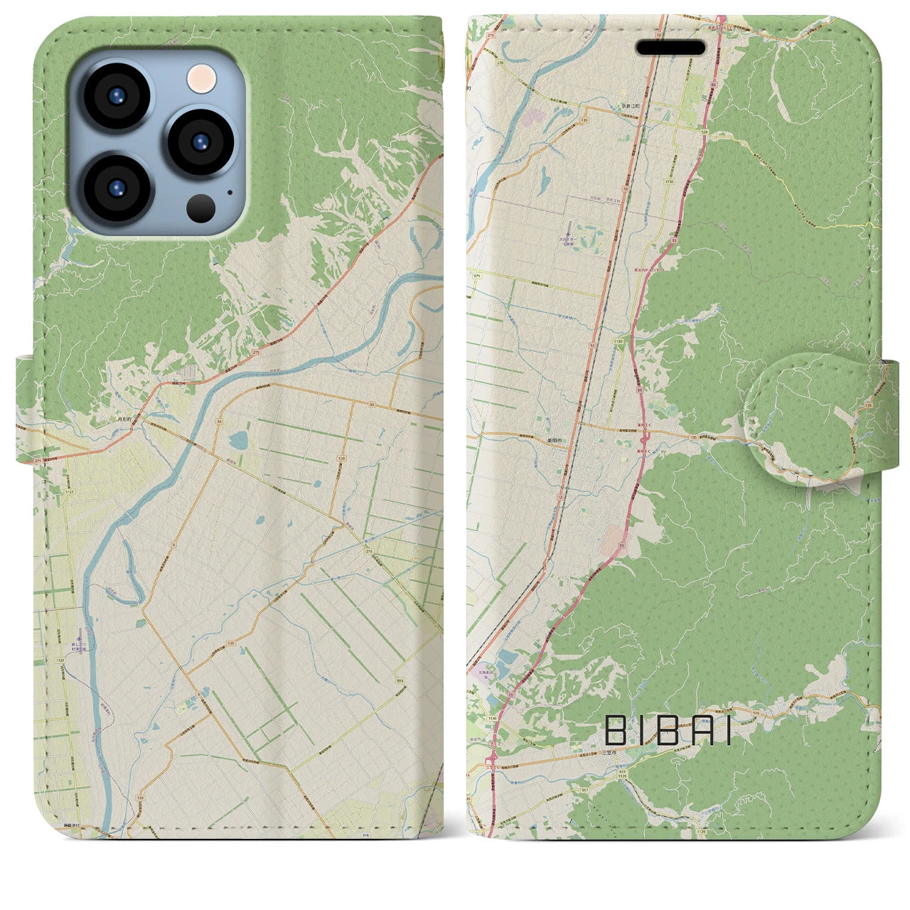 【美唄】地図柄iPhoneケース（手帳両面タイプ・ナチュラル）iPhone 13 Pro Max 用