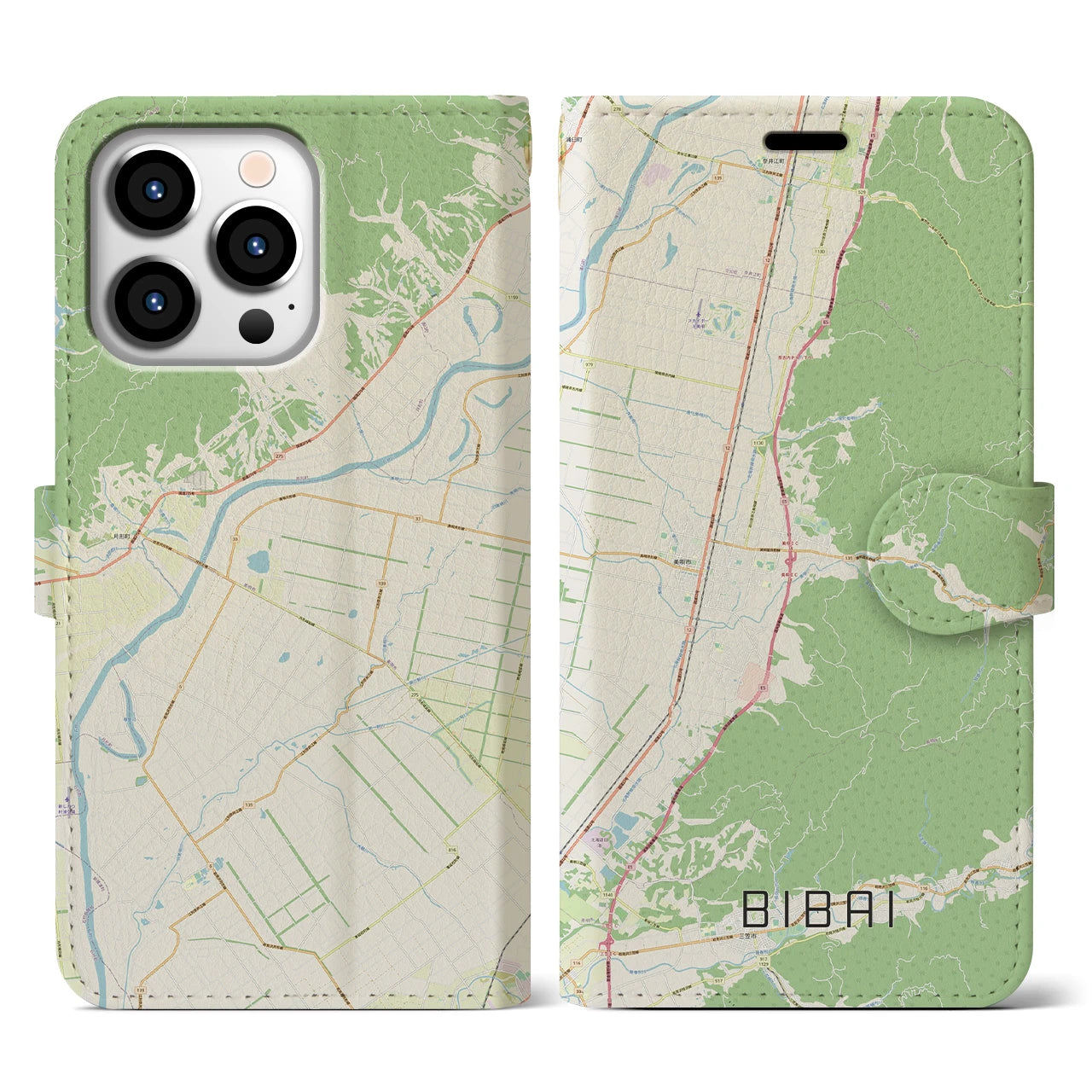 【美唄】地図柄iPhoneケース（手帳両面タイプ・ナチュラル）iPhone 13 Pro 用
