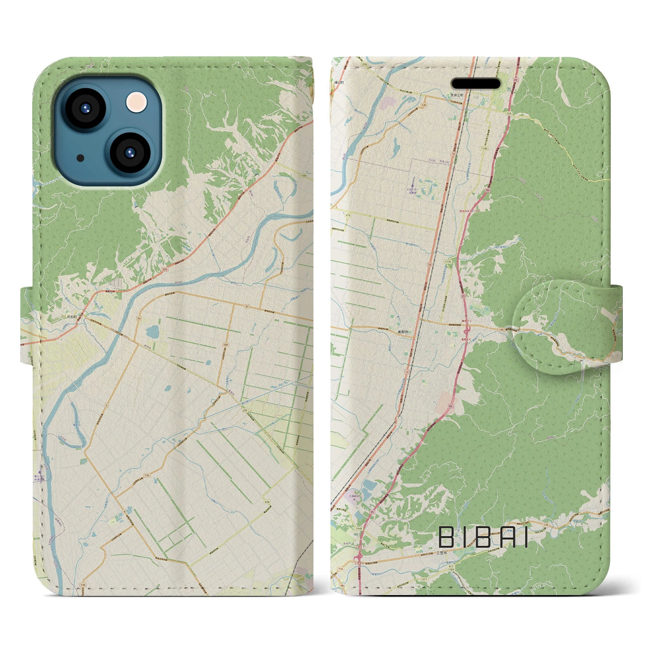 【美唄】地図柄iPhoneケース（手帳両面タイプ・ナチュラル）iPhone 13 用
