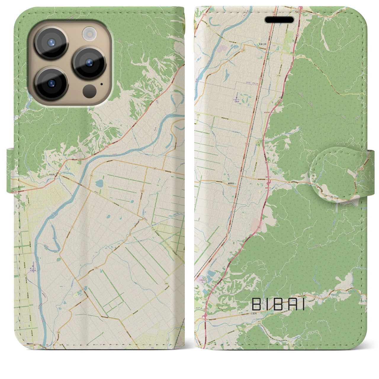 【美唄】地図柄iPhoneケース（手帳両面タイプ・ナチュラル）iPhone 14 Pro Max 用