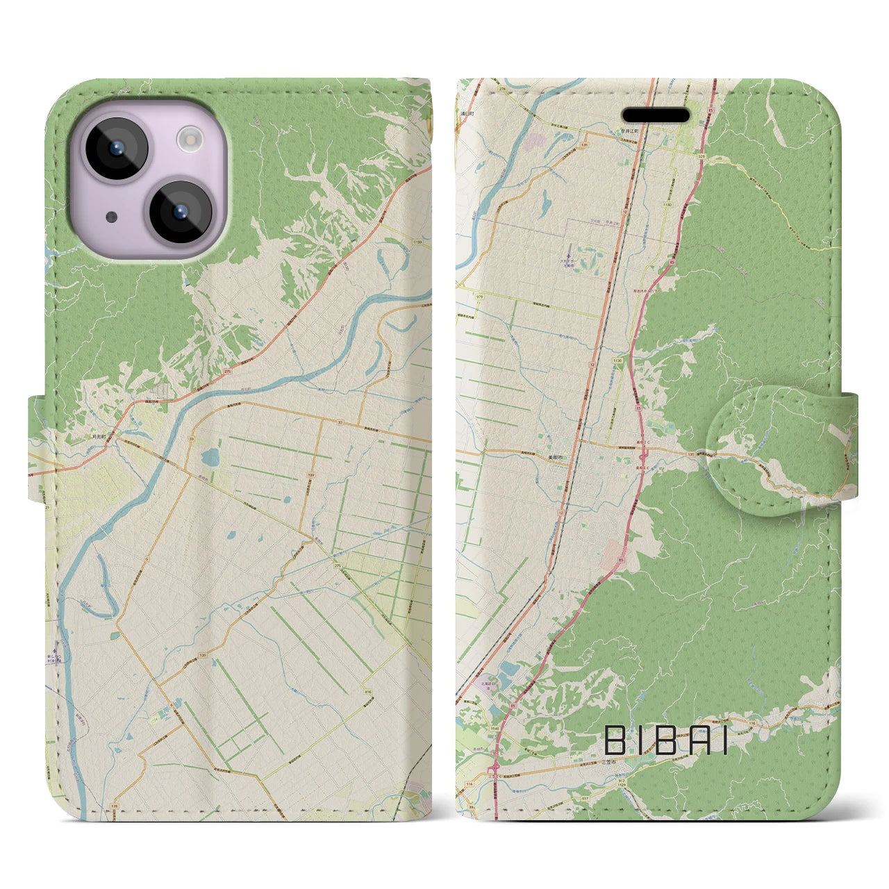 【美唄】地図柄iPhoneケース（手帳両面タイプ・ナチュラル）iPhone 14 用