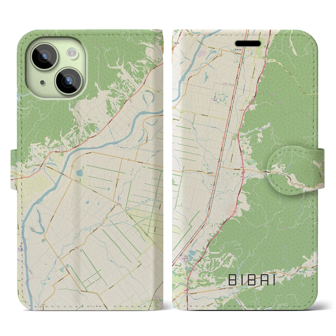 【美唄】地図柄iPhoneケース（手帳両面タイプ・ナチュラル）iPhone 15 用