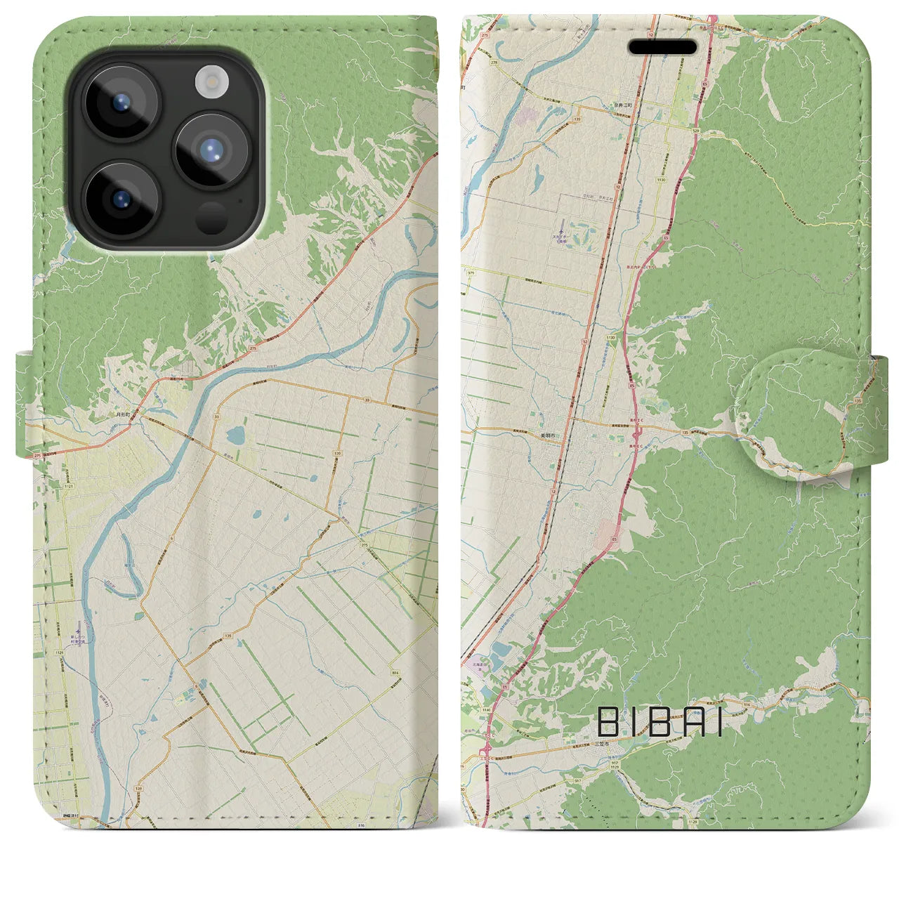【美唄】地図柄iPhoneケース（手帳両面タイプ・ナチュラル）iPhone 15 Pro Max 用