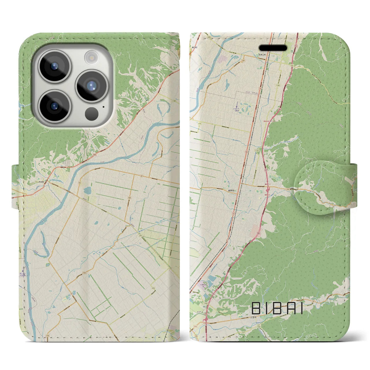 【美唄】地図柄iPhoneケース（手帳両面タイプ・ナチュラル）iPhone 15 Pro 用