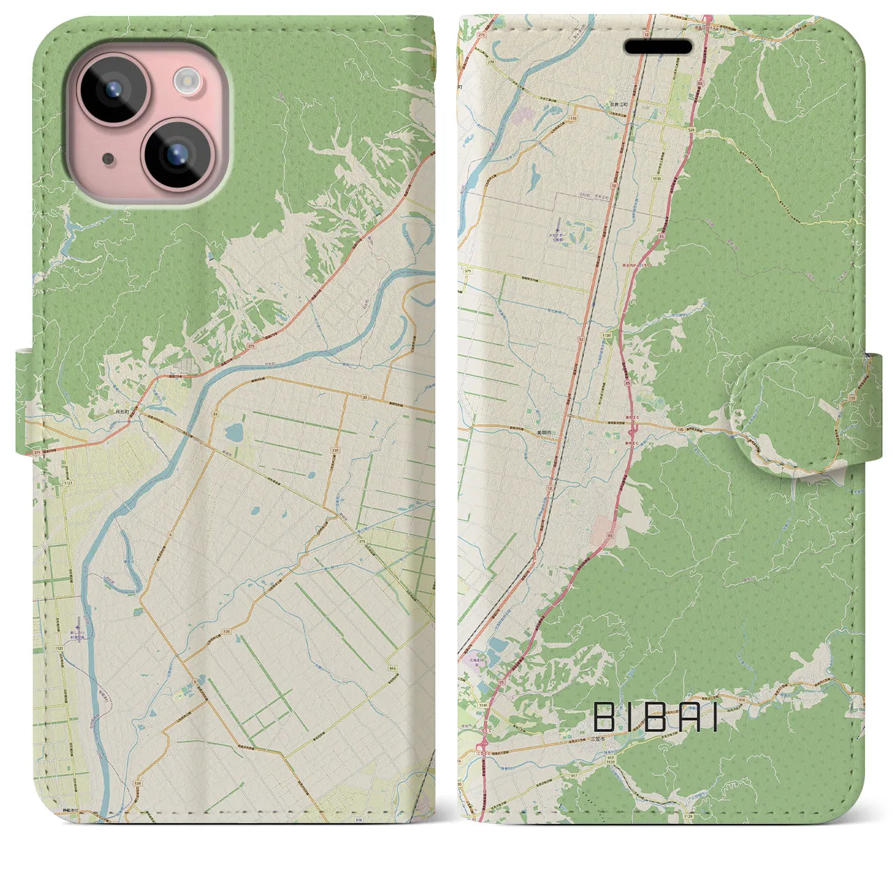 【美唄】地図柄iPhoneケース（手帳両面タイプ・ナチュラル）iPhone 15 Plus 用