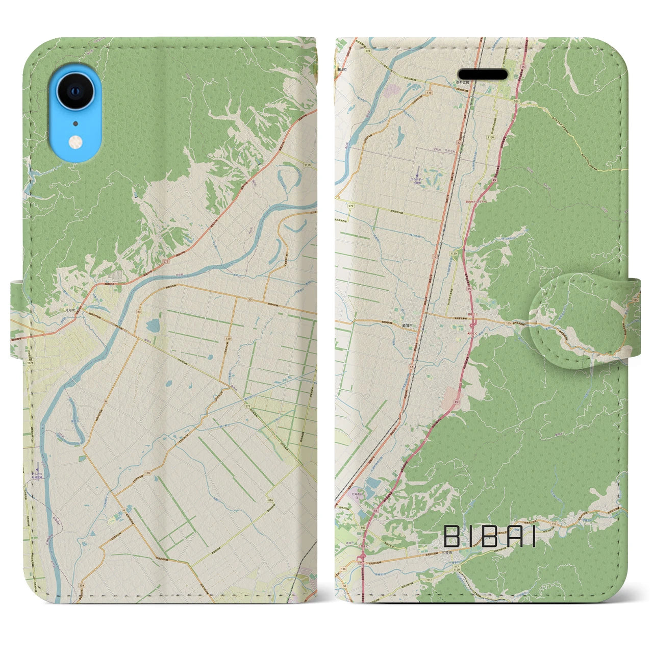 【美唄】地図柄iPhoneケース（手帳両面タイプ・ナチュラル）iPhone XR 用