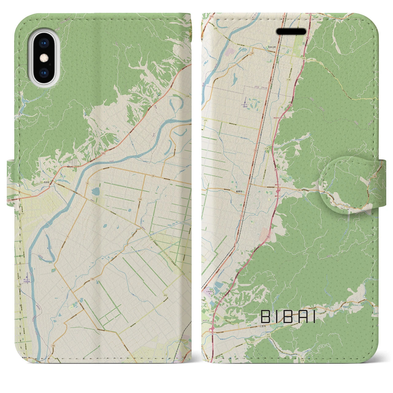 【美唄】地図柄iPhoneケース（手帳両面タイプ・ナチュラル）iPhone XS Max 用