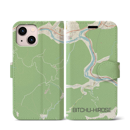 【備中広瀬（岡山県）】地図柄iPhoneケース（手帳タイプ）ナチュラル・iPhone 13 mini 用