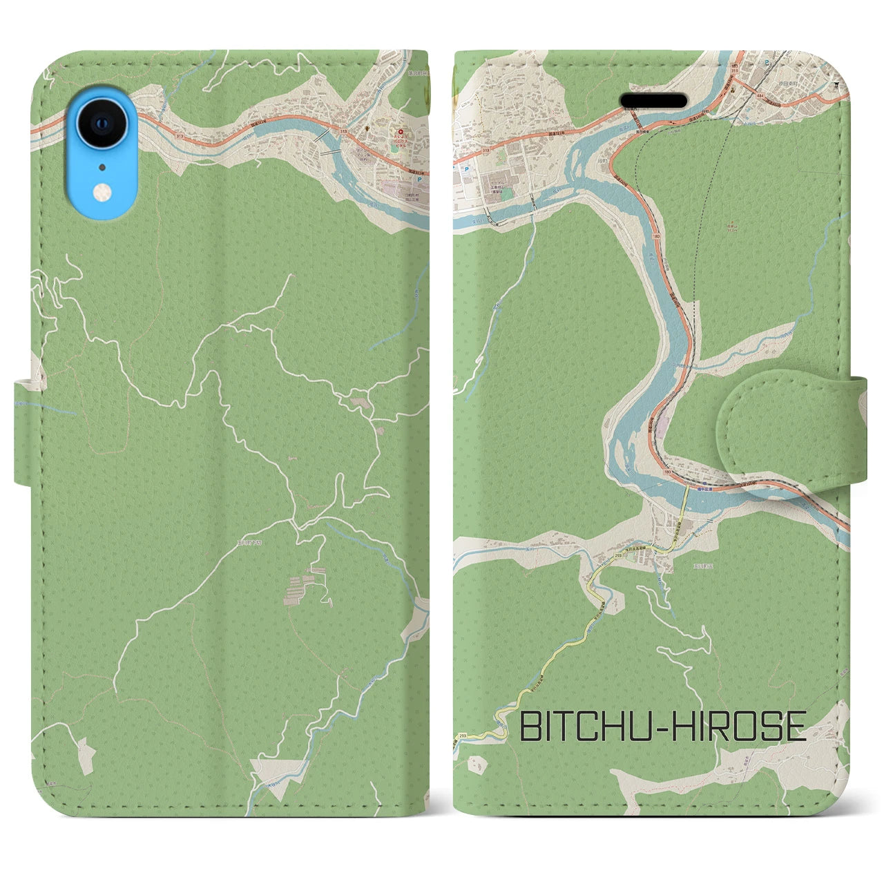 【備中広瀬】地図柄iPhoneケース（手帳両面タイプ・ナチュラル）iPhone XR 用