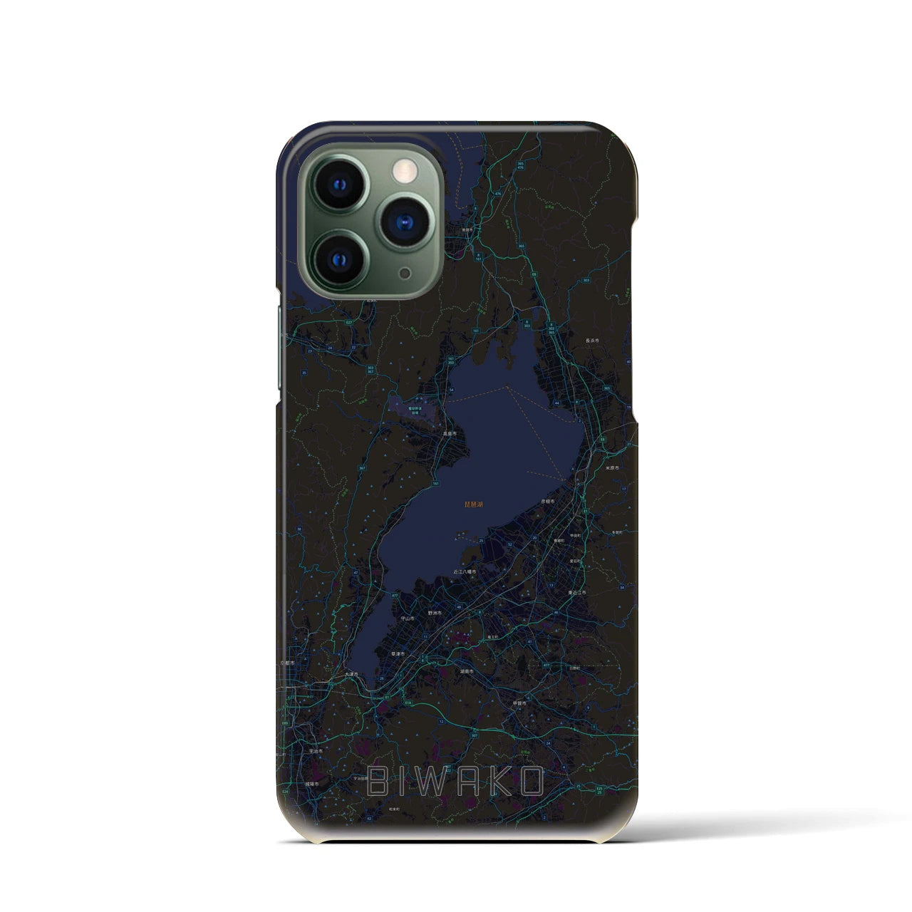 【琵琶湖2】地図柄iPhoneケース（バックカバータイプ・ブラック）iPhone 11 Pro 用