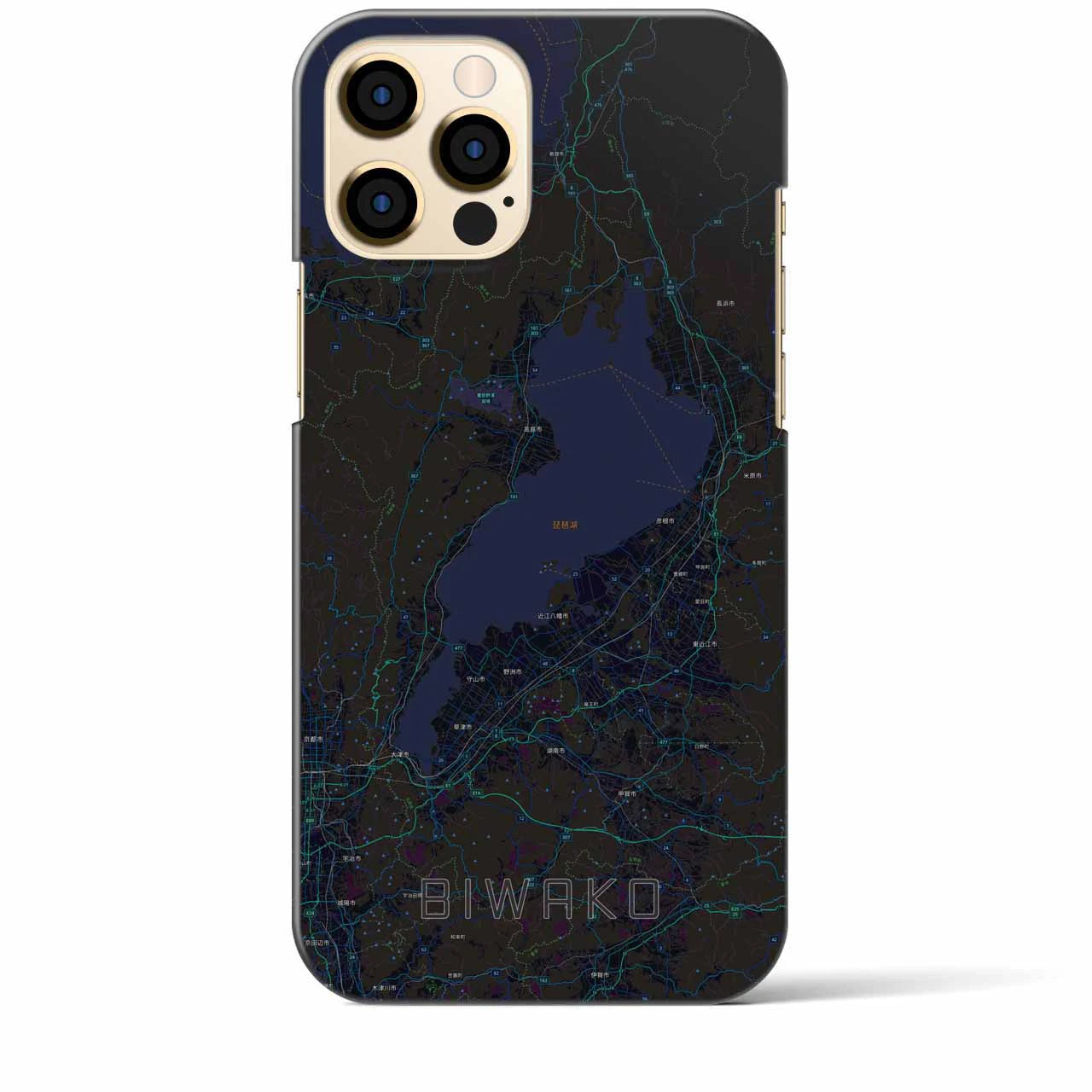 【琵琶湖2】地図柄iPhoneケース（バックカバータイプ・ブラック）iPhone 12 Pro Max 用