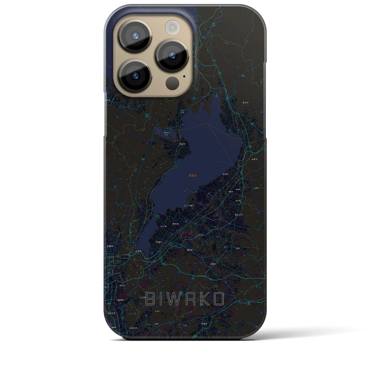 【琵琶湖2】地図柄iPhoneケース（バックカバータイプ・ブラック）iPhone 14 Pro Max 用