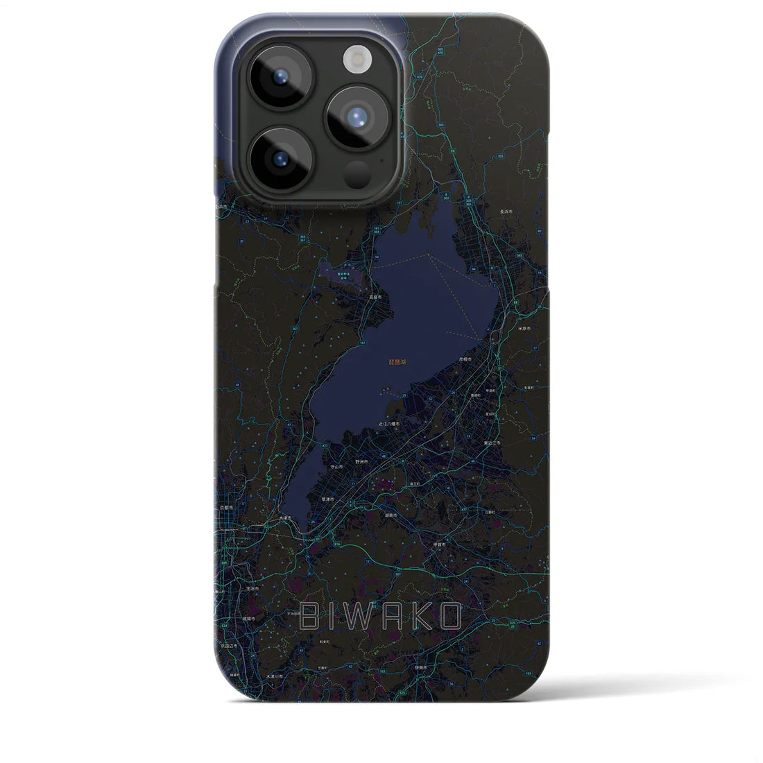 【琵琶湖2】地図柄iPhoneケース（バックカバータイプ・ブラック）iPhone 15 Pro Max 用