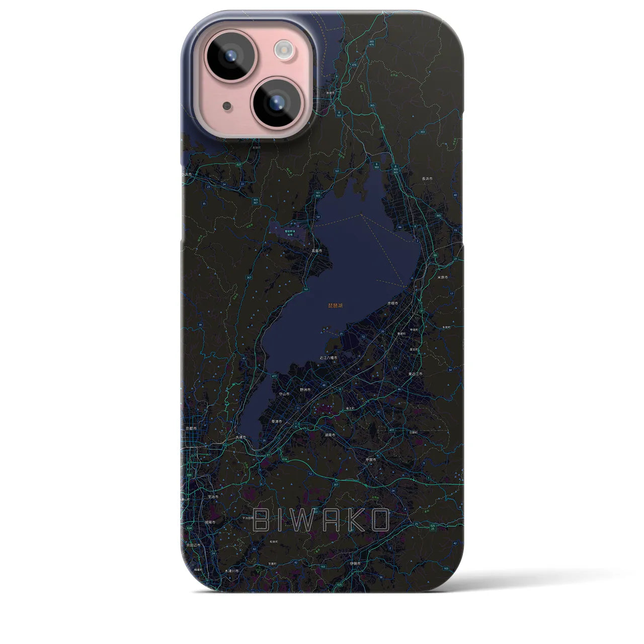 【琵琶湖2】地図柄iPhoneケース（バックカバータイプ・ブラック）iPhone 15 Plus 用