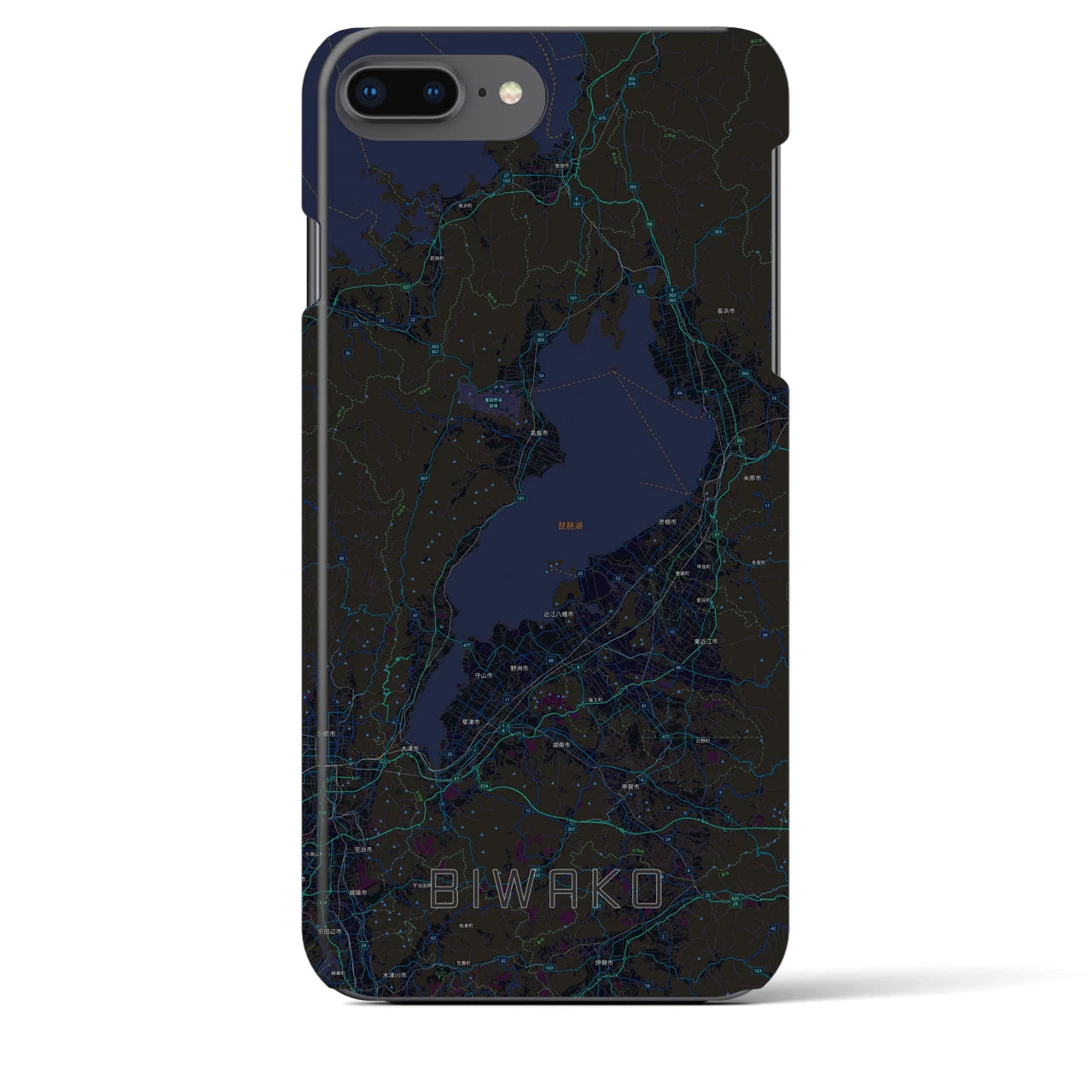 【琵琶湖2】地図柄iPhoneケース（バックカバータイプ・ブラック）iPhone 8Plus /7Plus / 6sPlus / 6Plus 用