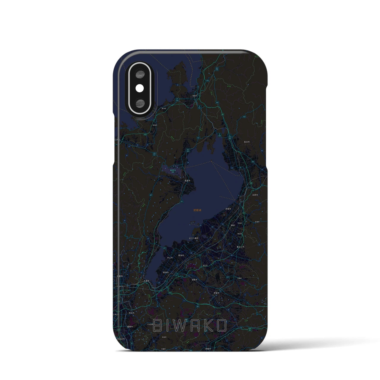 【琵琶湖2】地図柄iPhoneケース（バックカバータイプ・ブラック）iPhone XS / X 用